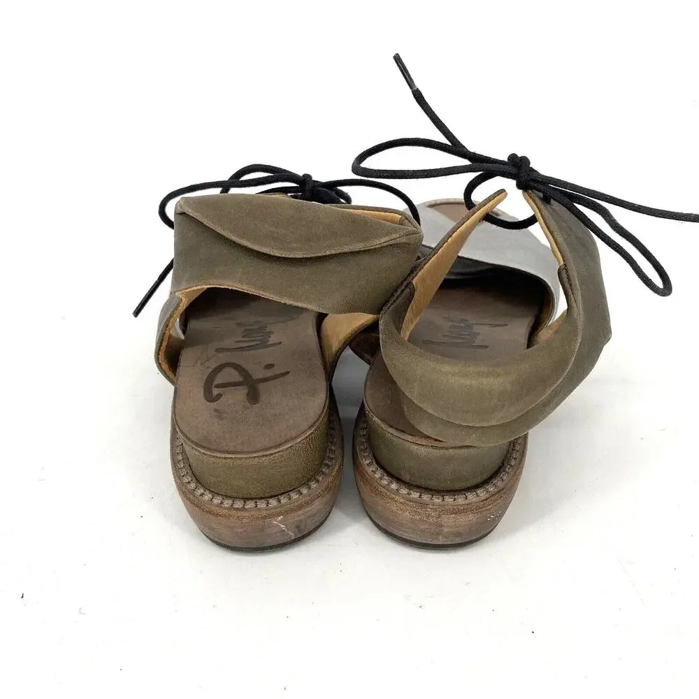 P Monjo Leather Sandals Womens 36 Silver Tan Roman Slingback Lace Up